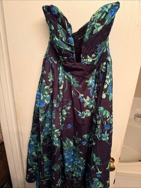 Fashion Nova Strapless Floral Dress in Navy, Green, and Blue